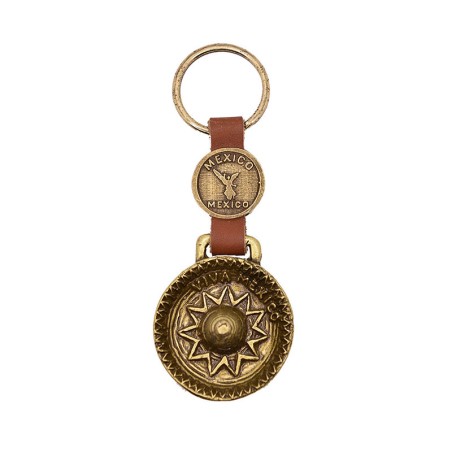 Llavero de latón con la ilustración de un sombrero de paja.Souvenir de la Ciudad de México, CDMX.