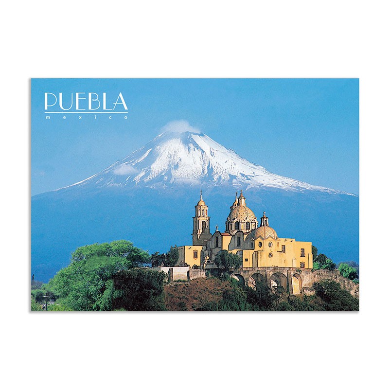 Tarjeta postal con la iglesia de Cholula y el Popocatepetl, souvenir y recuerdo de la Ciudad de México, CDMX.