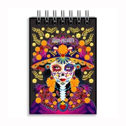 Libreta de apunte con ilustracion de una catrina, típica del día de muertos. Souvenir y recuerdo de la Ciudad de México, CDMX.