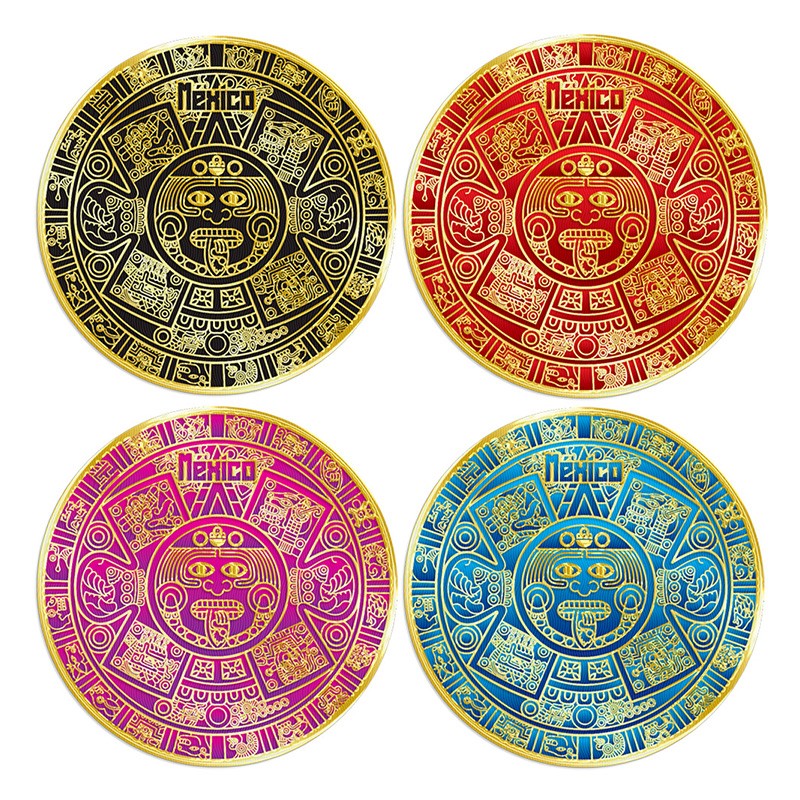 Set de 4 portavasos Calendario Azteca, emblemático de la cultura prehispánica, Souvenir de la Ciudad de México.