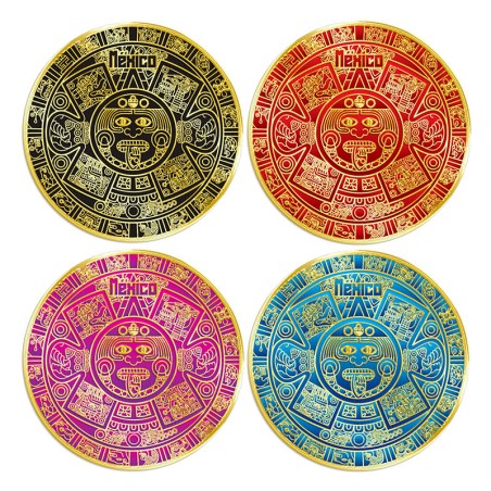 Set de 4 portavasos Calendario Azteca, emblemático de la cultura prehispánica, Souvenir de la Ciudad de México.