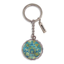Llavero corcholata de metal calendario Azteca, Souvenir de la Ciudad de México.