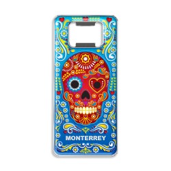 Magneto destapador de metal con calavera. Souvenir y recuerdo de Monterrey, Mexico.