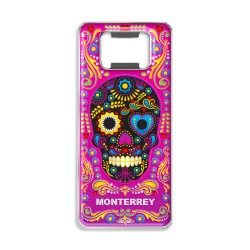 Magneto destapador de metal con calavera. Souvenir y recuerdo de Monterrey, Mexico.