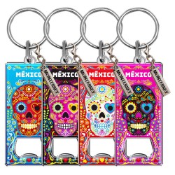 Llavero destapador de metal con calavera. Souvenir y recuerdo de Monterrey, Mexico.