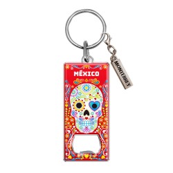 Llavero destapador de metal con calavera. Souvenir y recuerdo de Monterrey, Mexico.