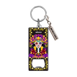 Llavero destapador de metal con una catrina. Souvenir de Monterrey, México.