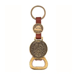 Llavero destapador de latón con el Calendario Azteca. Souvenir de Monterrey, recuerdo de Mexico.