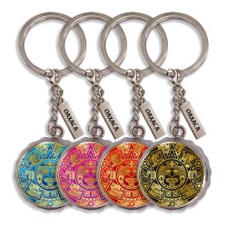 Llavero corcholata de metal calendario Azteca, Souvenir de Oaxaca, México.