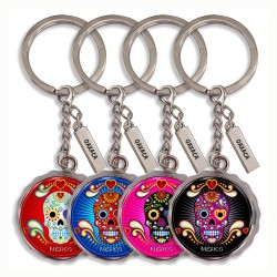 Llavero corcholata de metal calavera, Souvenir de Oaxaca, México.