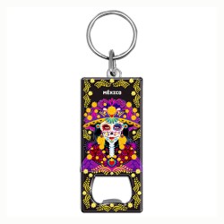 Llavero destapador de metal con una catrina. Souvenir de Puebla, México.