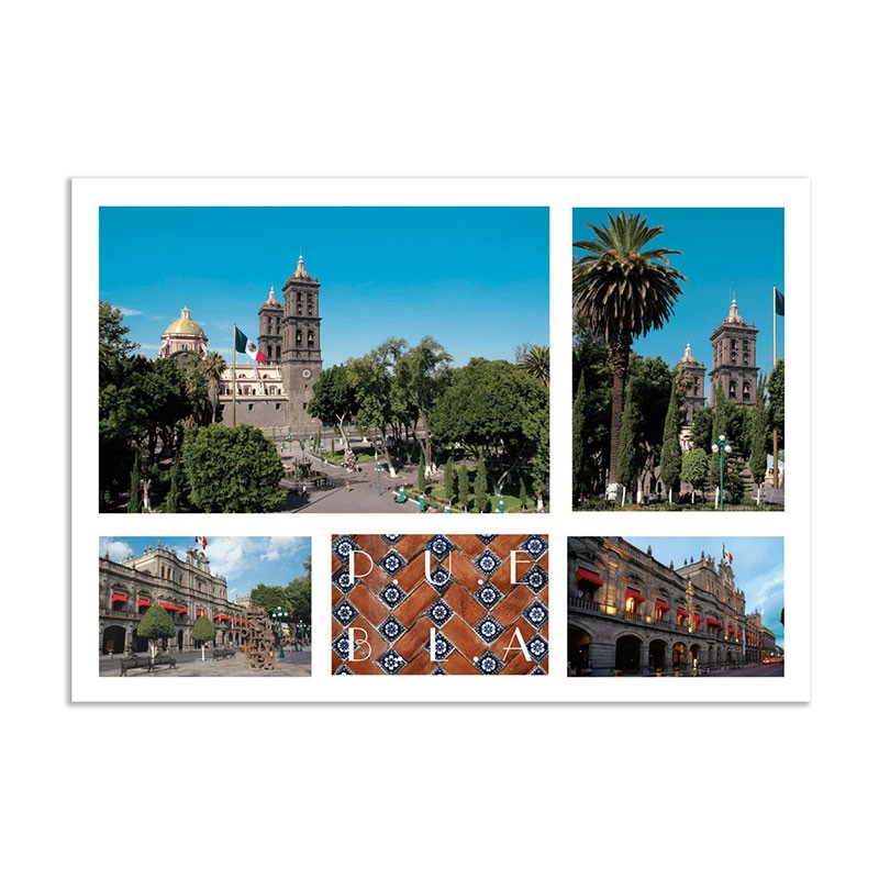 Tarjeta postal con varias vista de Puebla, souvenir y recuerdo Mexico.