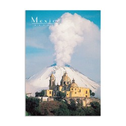 Tarjeta postal con la iglesia de Cholula y el Popocatepetl, souvenir y recuerdo de Puebla, Mexico.