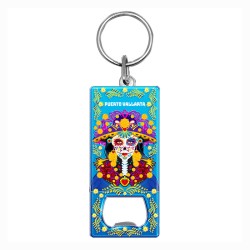Llavero destapador de metal con catrina. Souvenir de Puerto Vallarta, México