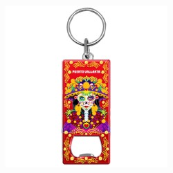 Llavero destapador de metal con catrina. Souvenir de Puerto Vallarta, México