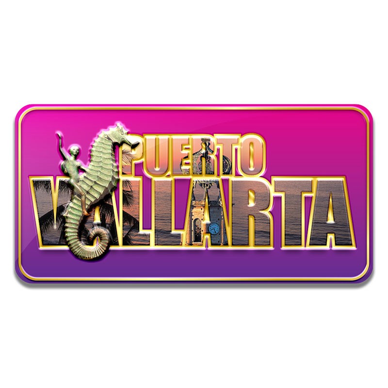 Iman en relieve "Puerto Vallarta" fondo rosa con el Caballito de mar. Souvenir y recuerdo de Puerto Vallarta.