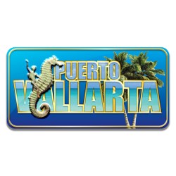 Iman en relieve "Puerto Vallarta" fondo azul con el Caballito de mar. Souvenir y recuerdo de Puerto Vallarta.