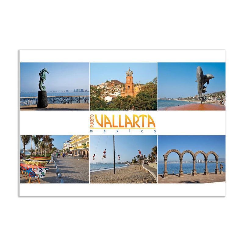 Tarjeta postal con varias Vistas del Malecon, souvenir y recuerdo de Puerto Vallarta, México