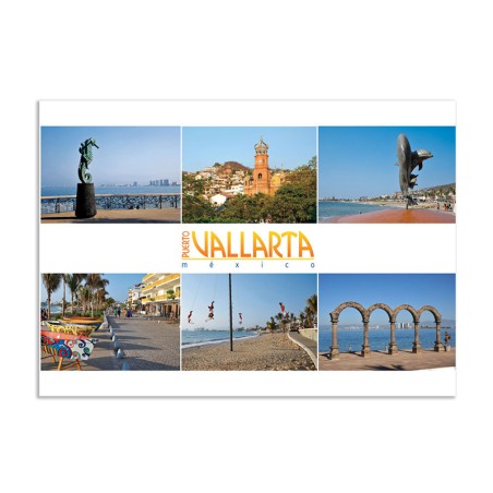 Tarjeta postal con varias Vistas del Malecon, souvenir y recuerdo de Puerto Vallarta, México