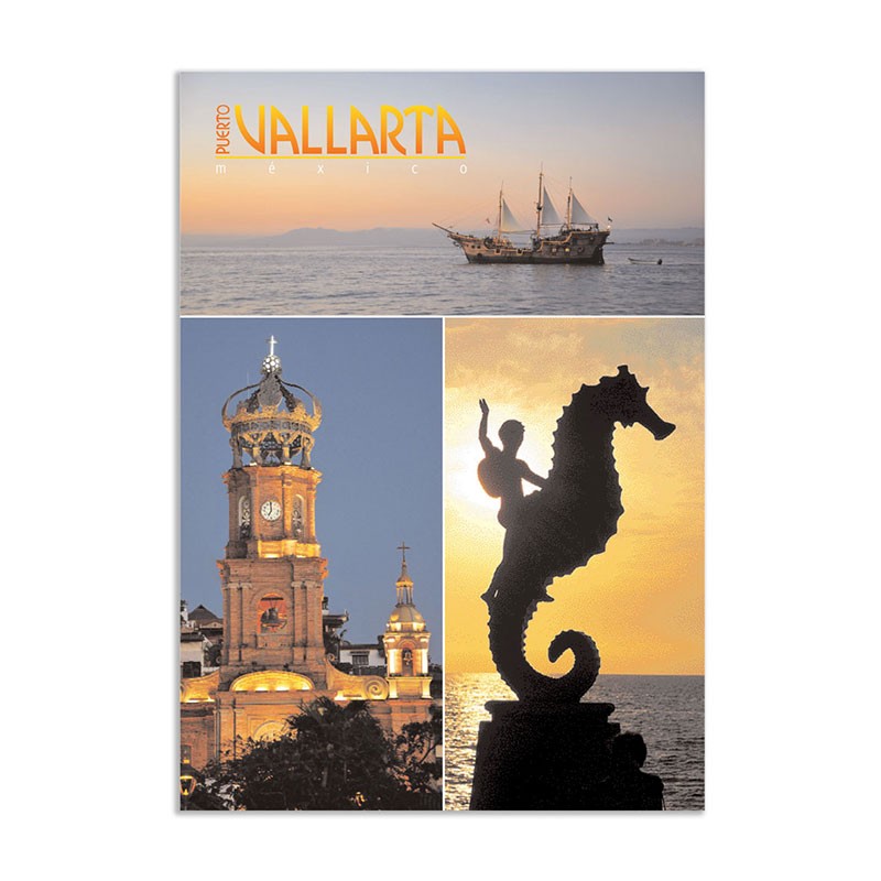 Tarjeta postal con la Iglesia, el caballito de mar y un barco Piratas, souvenir y recuerdo de Puerto Vallarta, México
