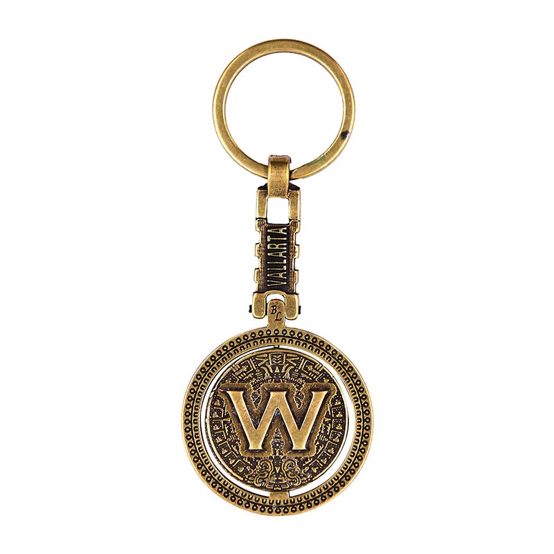 Llavero de latón letra W con Calendario Azteca, souvenir o regalo de Puerto Vallarta México