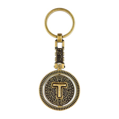 Llavero de latón letra T con Calendario Azteca, souvenir o regalo de Puerto Vallarta México