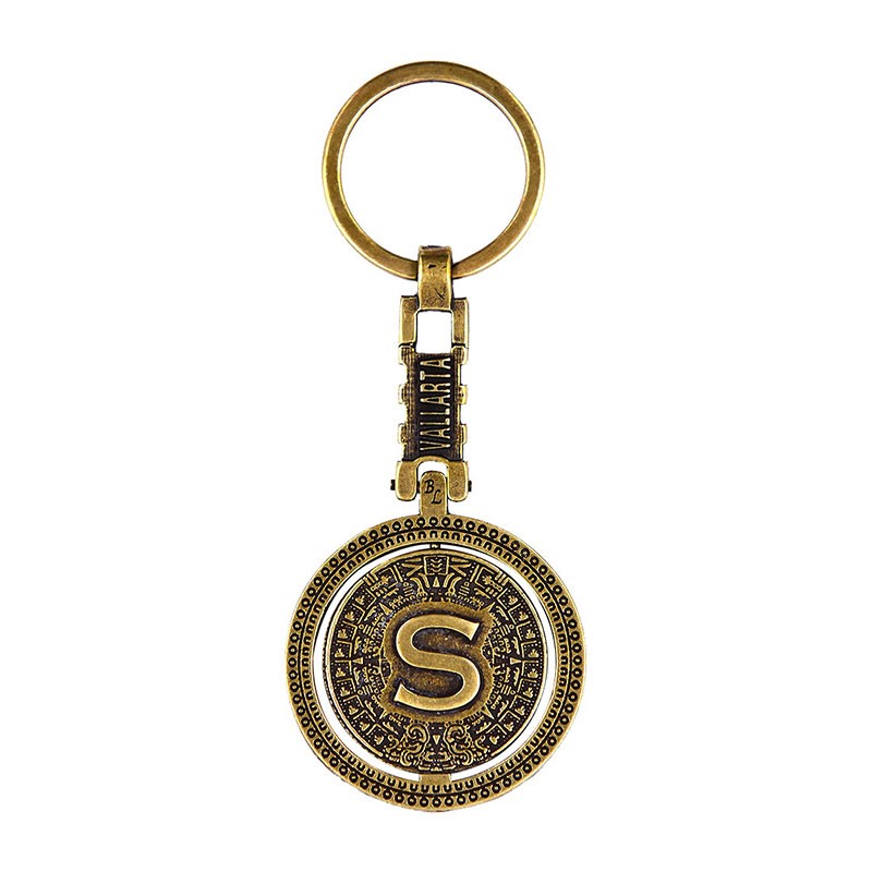 Llavero de latón letra S con Calendario Azteca, souvenir o regalo de Puerto Vallarta México