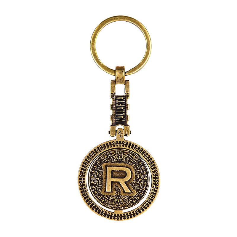 Llavero de latón letra R con Calendario Azteca, souvenir o regalo de Puerto Vallarta México