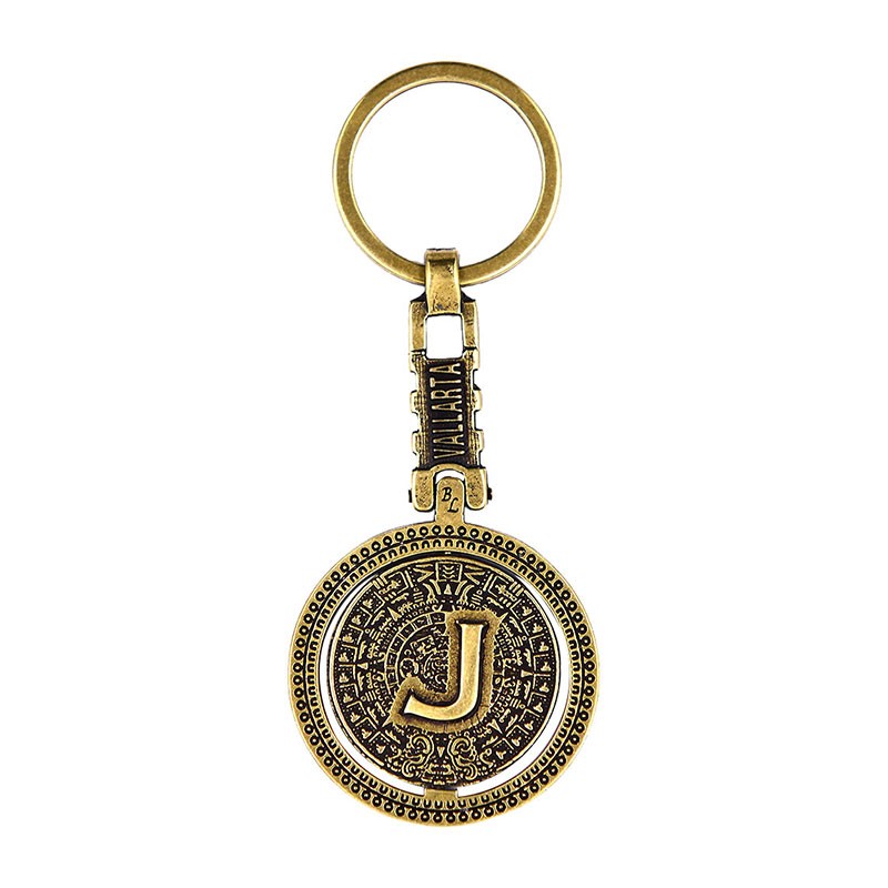 Llavero de latón letra J con Calendario Azteca, souvenir o regalo de Puerto Vallarta México