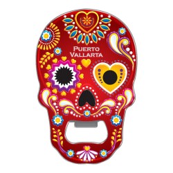 Magneto destapador de metal con calavera. Souvenir de Puerto Vallarta, México