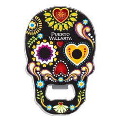 Magneto destapador de metal con calavera. Souvenir de Puerto Vallarta, México