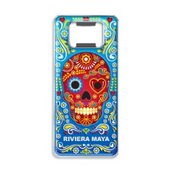 Magneto destapador de metal con calavera. Souvenir de la Riviera Maya, México