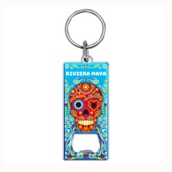 Llavero destapador de metal con calavera. Souvenir de la Riviera Maya, México