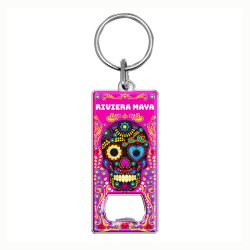 Llavero destapador de metal con calavera. Souvenir de la Riviera Maya, México