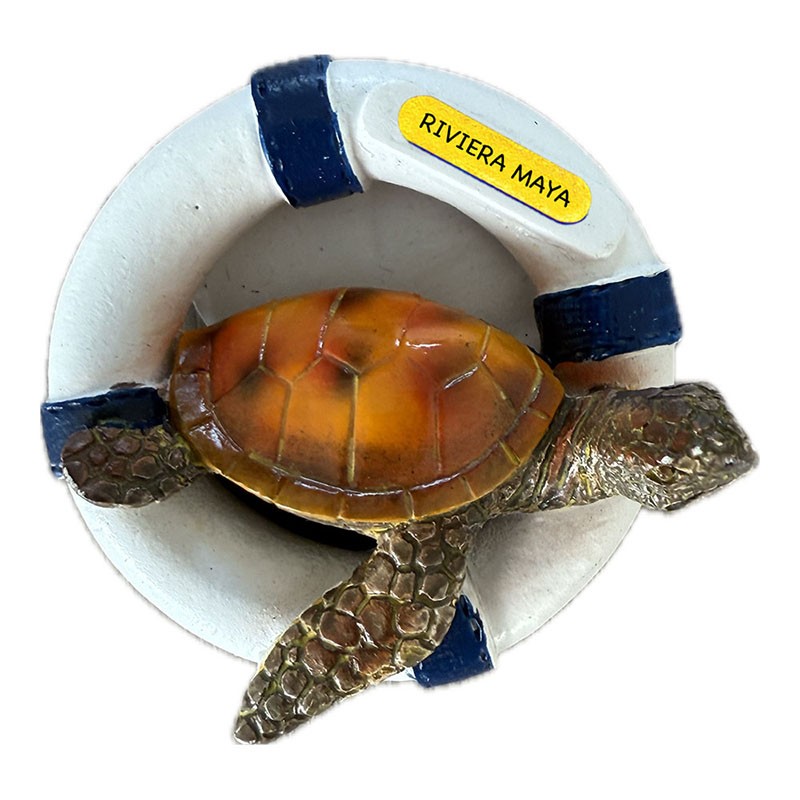 Magneto de resina tortuga con salvavida. Souvenir de la Riviera Maya, México