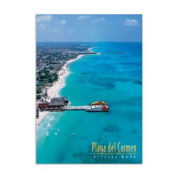 Tarjeta postal con vista aerea de Playa del Carmen y su embarcadero, souvenir y recuerdo de la Riviera Maya, México
