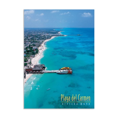 Tarjeta postal con vista aerea de Playa del Carmen y su embarcadero, souvenir y recuerdo de la Riviera Maya, México