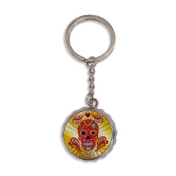 Llavero corcholata de metal calavera, Souvenir de la Riviera Maya, México
