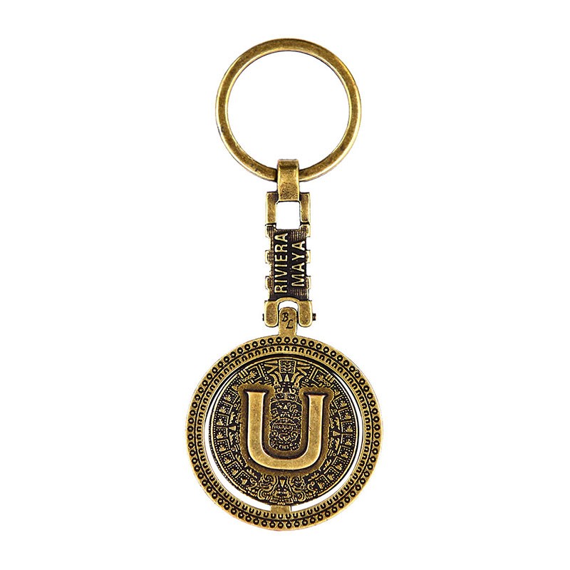 Llavero de latón letra U con Calendario Azteca, Souvenir, recuerdo de la Riviera Maya, México