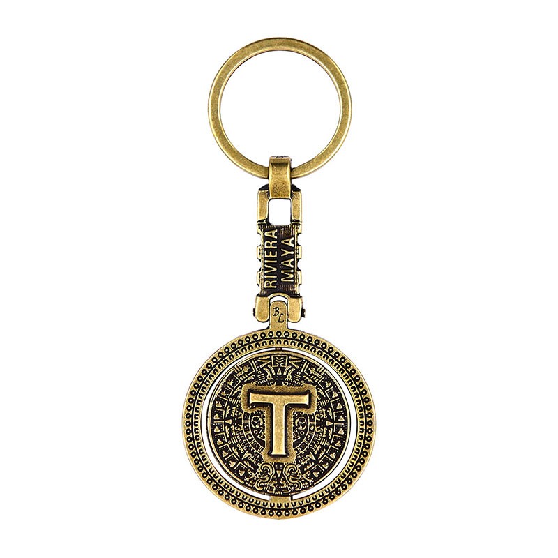 Llavero de latón letra T con Calendario Azteca, Souvenir, recuerdo de la Riviera Maya, México