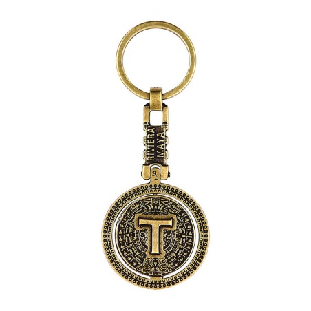 Llavero de latón letra T con Calendario Azteca, Souvenir, recuerdo de la Riviera Maya, México