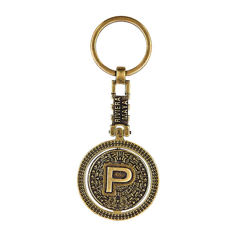 Llavero de latón letra P con Calendario Azteca, Souvenir, recuerdo de la Riviera Maya, México