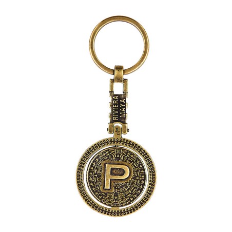 Llavero de latón letra P con Calendario Azteca, Souvenir, recuerdo de la Riviera Maya, México