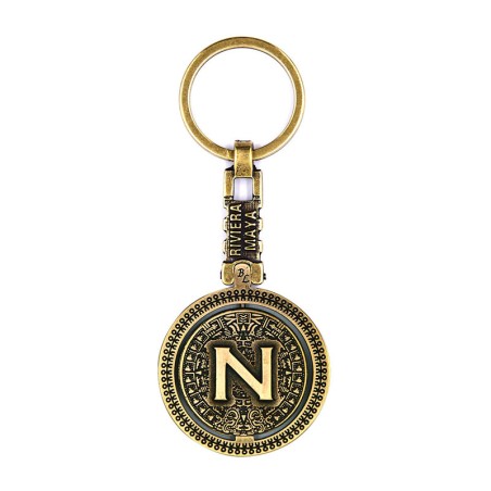 Llavero de latón letra N con Calendario Azteca, Souvenir, recuerdo de la Riviera Maya, México