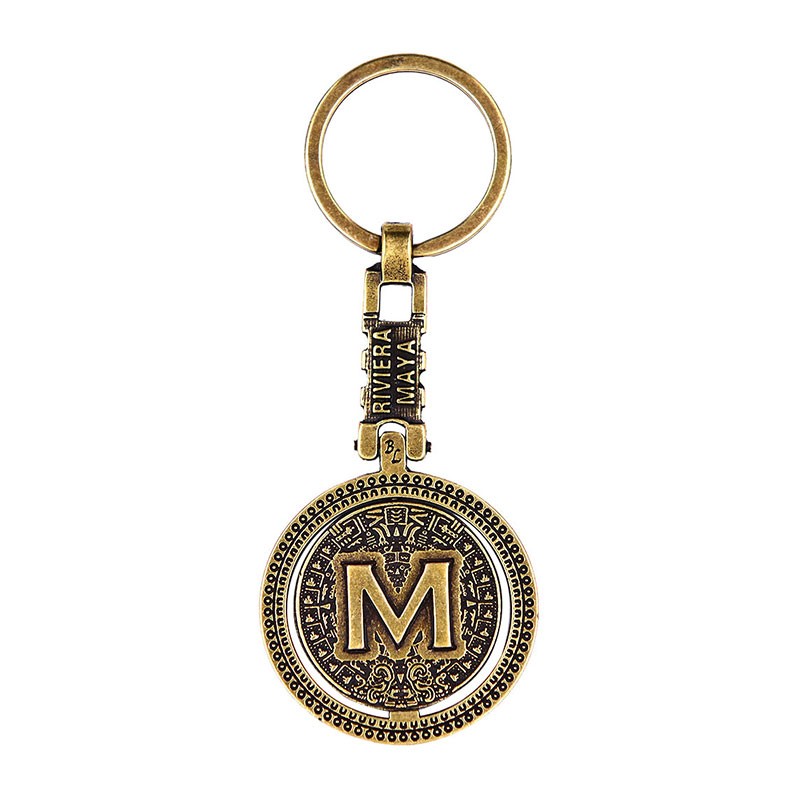 Llavero de latón letra M con Calendario Azteca, Souvenir, recuerdo de la Riviera Maya, México