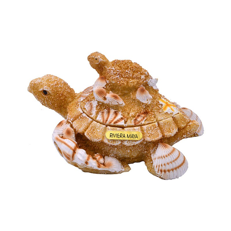 Caja de resina con acabado arena y figura de unas tortugas