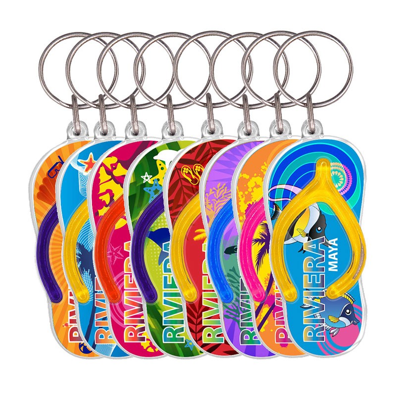 Llavero de acrílico en forma de chancla. Disponible en 8 motivos y