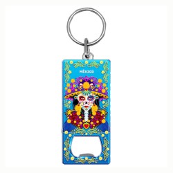 Llavero destapador de metal con una catrina. Souvenir de San Miguel Allende, México.