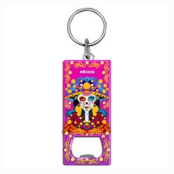Llavero destapador de metal con una catrina. Souvenir de San Miguel Allende, México.