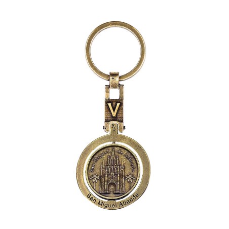 Llavero de laton letra V con la Parroquia de San Miguel Allende, souvenir o regalo de Mexico.